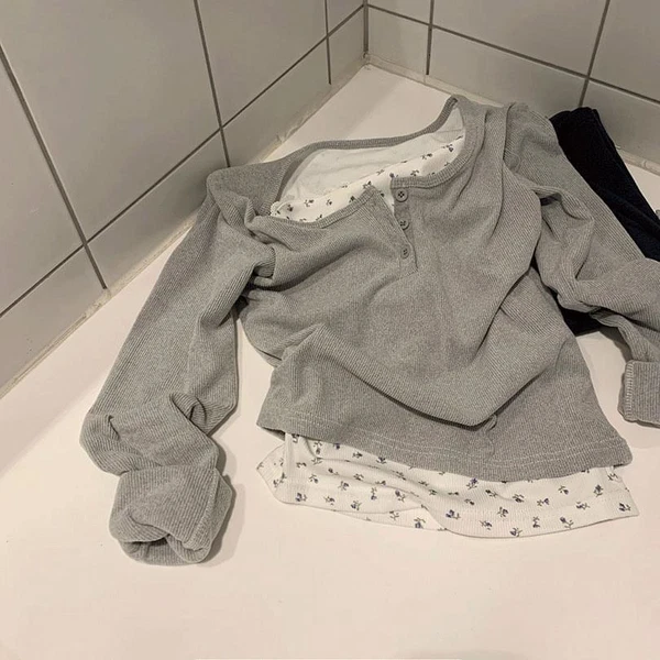 레이스 이중 단추 레이어드 티셔츠